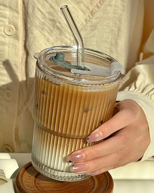 Ribbed Glass Tumbler with Lid & Straw